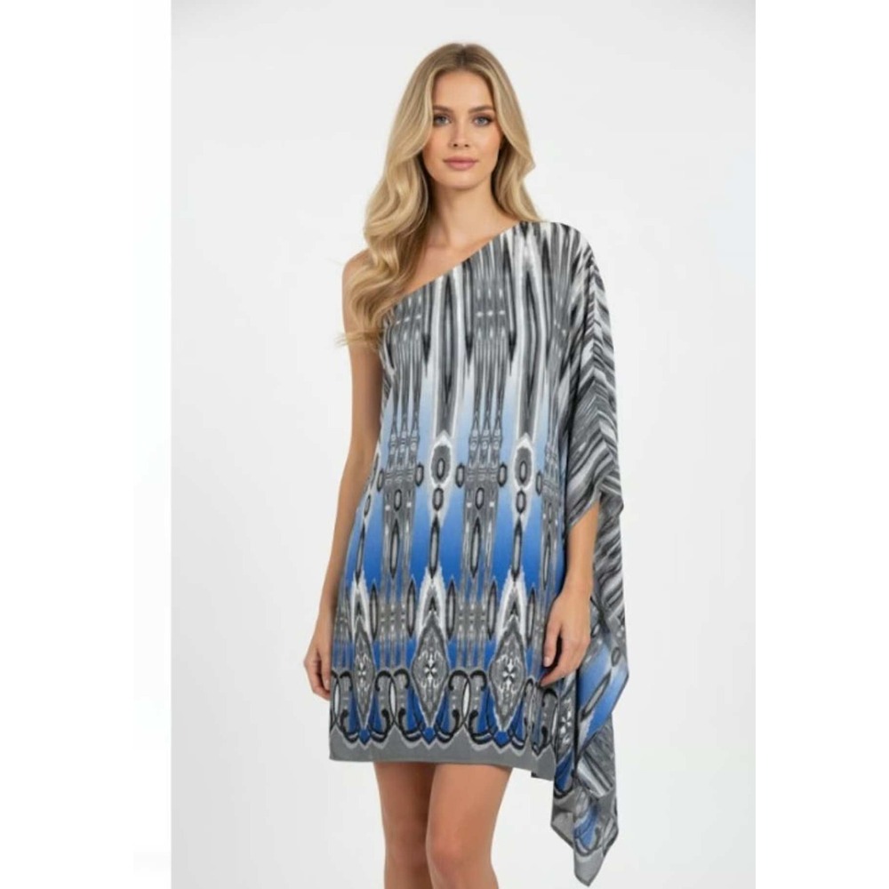 Jay Godfrey "Paradis" 100% Silk One-Shoulder Aztec Print Mini Dress Blue Size 4